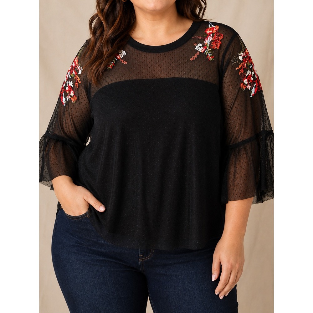 X3 134 Torrid Black Sheer Mesh Floral Embroidered Bell Sleeve Blouse Plus Size